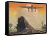 Steam Powered Locomotive and Ford Tri-Motor Airplane Speeding Through in Rural Landscape-null-Framed Stretched Canvas