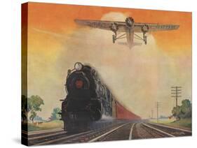 Steam Powered Locomotive and Ford Tri-Motor Airplane Speeding Through in Rural Landscape-null-Stretched Canvas