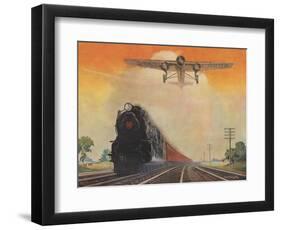 Steam Powered Locomotive and Ford Tri-Motor Airplane Speeding Through in Rural Landscape-null-Framed Art Print