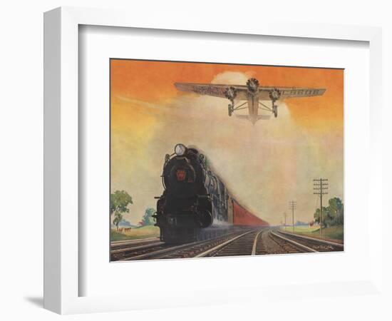 Steam Powered Locomotive and Ford Tri-Motor Airplane Speeding Through in Rural Landscape-null-Framed Art Print