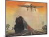 Steam Powered Locomotive and Ford Tri-Motor Airplane Speeding Through in Rural Landscape-null-Mounted Art Print