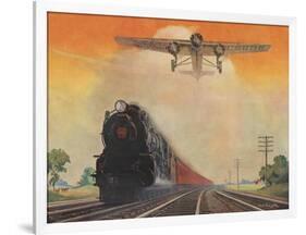 Steam Powered Locomotive and Ford Tri-Motor Airplane Speeding Through in Rural Landscape-null-Framed Art Print