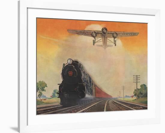 Steam Powered Locomotive and Ford Tri-Motor Airplane Speeding Through in Rural Landscape-null-Framed Art Print