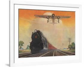 Steam Powered Locomotive and Ford Tri-Motor Airplane Speeding Through in Rural Landscape-null-Framed Art Print