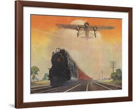 Steam Powered Locomotive and Ford Tri-Motor Airplane Speeding Through in Rural Landscape-null-Framed Art Print