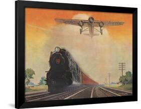 Steam Powered Locomotive and Ford Tri-Motor Airplane Speeding Through in Rural Landscape-null-Framed Art Print