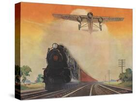 Steam Powered Locomotive and Ford Tri-Motor Airplane Speeding Through in Rural Landscape-null-Stretched Canvas