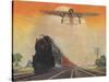 Steam Powered Locomotive and Ford Tri-Motor Airplane Speeding Through in Rural Landscape-null-Stretched Canvas