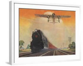 Steam Powered Locomotive and Ford Tri-Motor Airplane Speeding Through in Rural Landscape-null-Framed Art Print