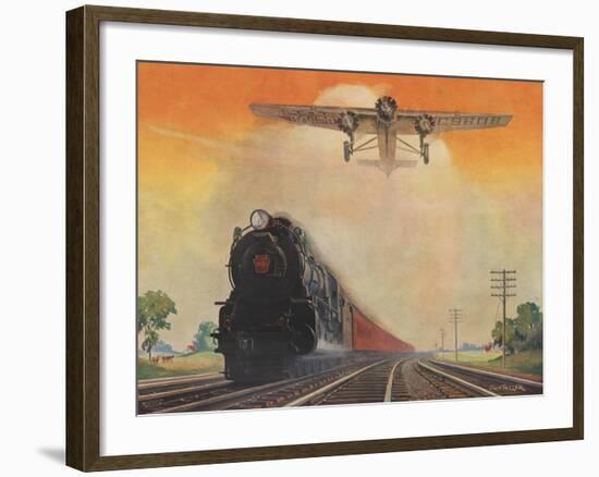 Steam Powered Locomotive and Ford Tri-Motor Airplane Speeding Through in Rural Landscape-null-Framed Art Print