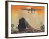 Steam Powered Locomotive and Ford Tri-Motor Airplane Speeding Through in Rural Landscape-null-Framed Art Print