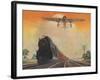 Steam Powered Locomotive and Ford Tri-Motor Airplane Speeding Through in Rural Landscape-null-Framed Art Print