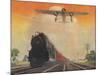 Steam Powered Locomotive and Ford Tri-Motor Airplane Speeding Through in Rural Landscape-null-Mounted Art Print