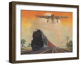 Steam Powered Locomotive and Ford Tri-Motor Airplane Speeding Through in Rural Landscape-null-Framed Art Print