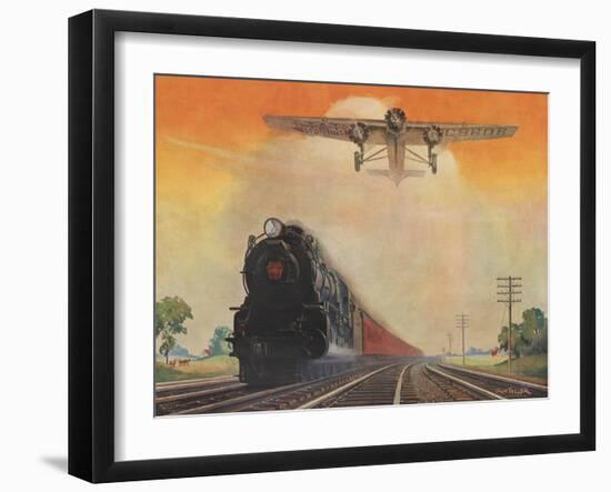 Steam Powered Locomotive and Ford Tri-Motor Airplane Speeding Through in Rural Landscape-null-Framed Art Print