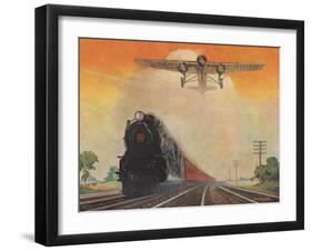 Steam Powered Locomotive and Ford Tri-Motor Airplane Speeding Through in Rural Landscape-null-Framed Art Print