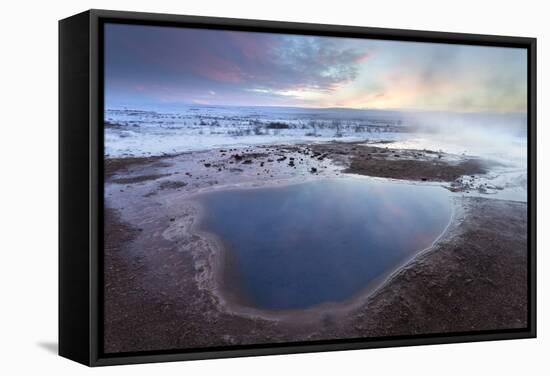 Steam Rising from Geothermal Pools at Sunrise in Winter, Geysir, Haukardalur Valley-Lee Frost-Framed Stretched Canvas