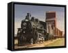 Steam Train and Grain Elevator in Western Development Museum, Saskatchewan, Canada-Walter Bibikow-Framed Stretched Canvas