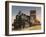 Steam Train and Grain Elevator in Western Development Museum, Saskatchewan, Canada-Walter Bibikow-Framed Premium Photographic Print