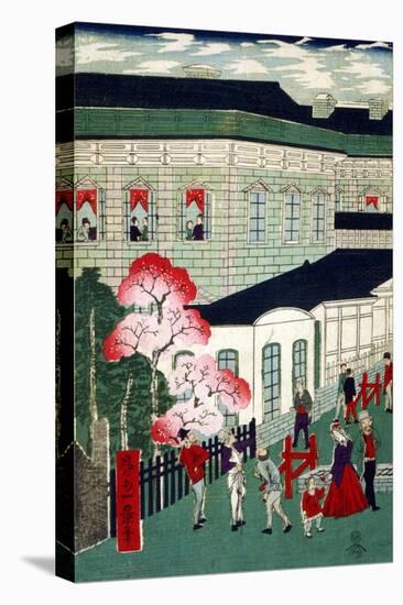 Steam Train Coming from Shimbashi, Japanese Wood-Cut Print-Lantern Press-Stretched Canvas