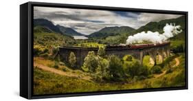 Steam train moving on old bridge, Scotland-null-Framed Stretched Canvas