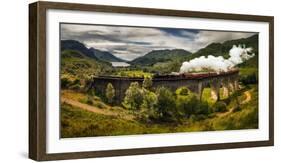 Steam train moving on old bridge, Scotland-null-Framed Premium Photographic Print