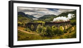 Steam train moving on old bridge, Scotland-null-Framed Photographic Print