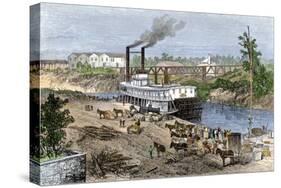 Steamboat Loading Cotton on Buffalo Bayou, Connected to the Gulf of Mexico, Houston, Texas, 1870s-null-Stretched Canvas