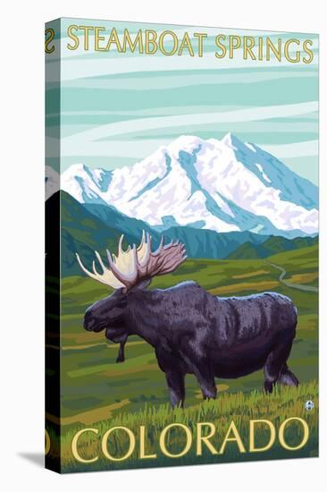 Steamboat Springs, Colorado, Moose and Mountain-Lantern Press-Stretched Canvas