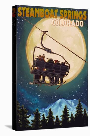 Steamboat Springs, Colorado - Ski Lift and Full Moon-Lantern Press-Stretched Canvas