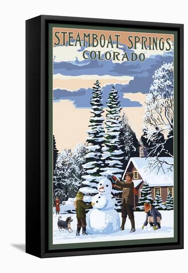 Steamboat Springs, Colorado - Snowman Scene-Lantern Press-Framed Stretched Canvas