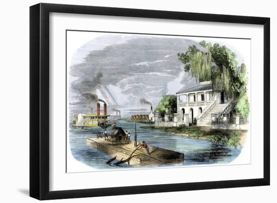 Steamboats and a Raft Passing a Sugar Plantation on the Mississippi River, 1850s-null-Framed Giclee Print