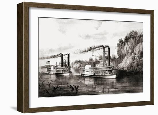 Steamboats racing on the Mississippi river, USA-N. and Ives, J.M. Currier-Framed Giclee Print