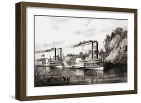 Steamboats racing on the Mississippi river, USA-N. and Ives, J.M. Currier-Framed Giclee Print
