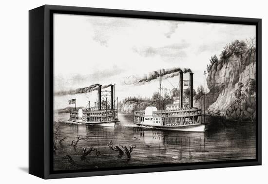 Steamboats racing on the Mississippi river, USA-N. and Ives, J.M. Currier-Framed Stretched Canvas