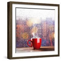 Steaming Cup of Coffee over a Cityscape Background-George D.-Framed Photographic Print