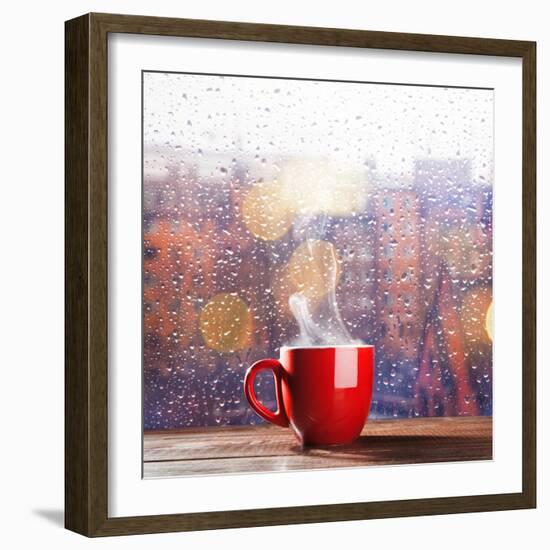 Steaming Cup of Coffee over a Cityscape Background-George D.-Framed Photographic Print