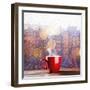 Steaming Cup of Coffee over a Cityscape Background-George D.-Framed Photographic Print