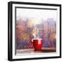 Steaming Cup of Coffee over a Cityscape Background-George D.-Framed Photographic Print