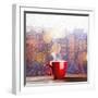 Steaming Cup of Coffee over a Cityscape Background-George D.-Framed Photographic Print