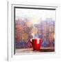 Steaming Cup of Coffee over a Cityscape Background-George D.-Framed Photographic Print