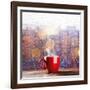 Steaming Cup of Coffee over a Cityscape Background-George D.-Framed Photographic Print