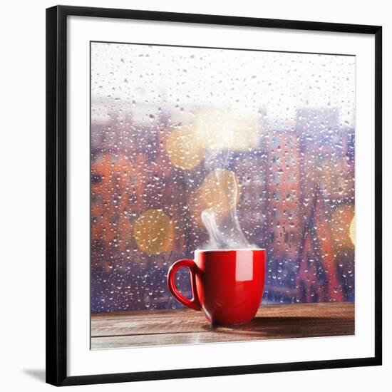 Steaming Cup of Coffee over a Cityscape Background-George D.-Framed Photographic Print