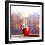 Steaming Cup of Coffee over a Cityscape Background-George D.-Framed Photographic Print