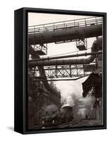 Steaming Hot Steel Slag Being Poured into Freight Cars on Railroad Siding at Steel Plant-Margaret Bourke-White-Framed Stretched Canvas