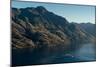Steamship powers across a dark lake with sharp large mountains, Queenstown, Otago, New Zealand-Logan Brown-Mounted Photographic Print