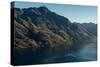 Steamship powers across a dark lake with sharp large mountains, Queenstown, Otago, New Zealand-Logan Brown-Stretched Canvas