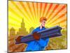 Steel Worker Carry I-Beam Retro Poster-patrimonio-Mounted Art Print