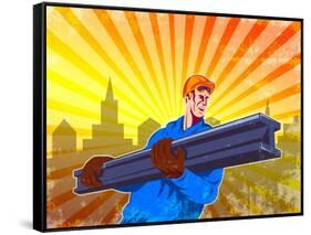 Steel Worker Carry I-Beam Retro Poster-patrimonio-Framed Stretched Canvas