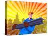 Steel Worker Carry I-Beam Retro Poster-patrimonio-Stretched Canvas